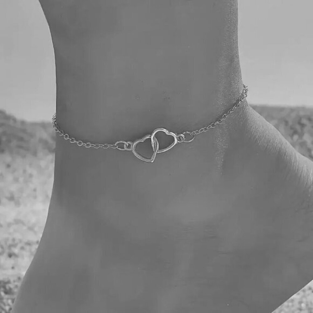 Double Hollow Love Heart Super Thin Chain Silver Ankle Bracelet